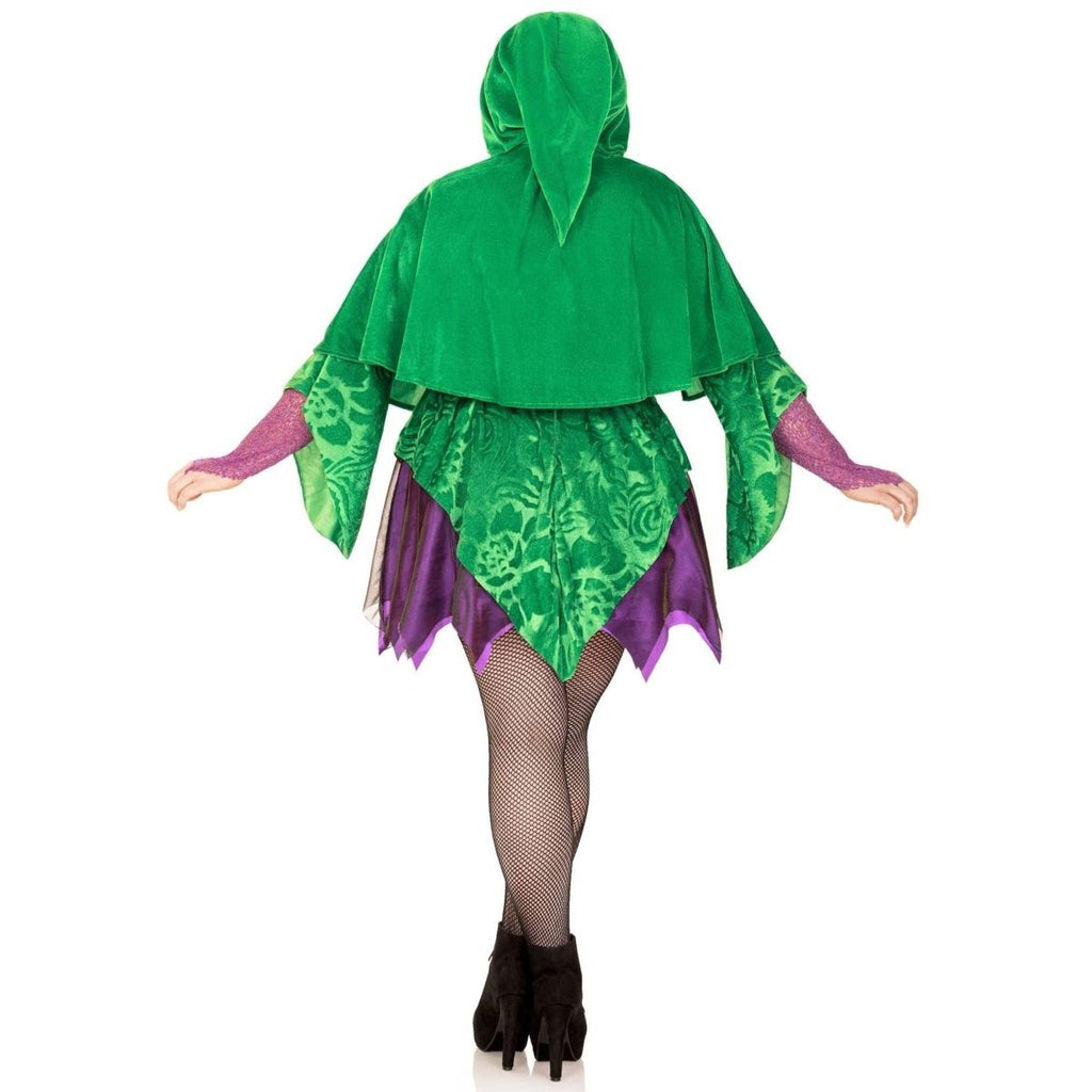 Back view of 2 PC Crafty Spellcaster Costume: velvet cape over iridescent green/purple skirt with net gauntlet sleeves.