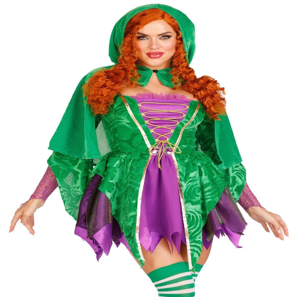 2-piece Crafty Spellcaster costume: green velvet dress with purple accents, lace bodice, hood, net gauntlet sleeves.