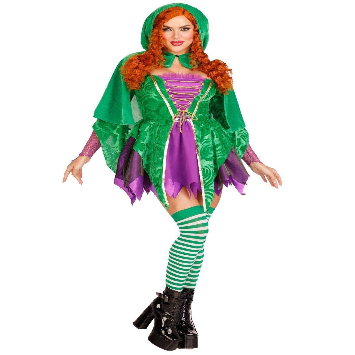 2 PC Crafty Spellcaster Costume: green velvet dress with iridescent tattered skirt, lace-up front, and hooded caplet.