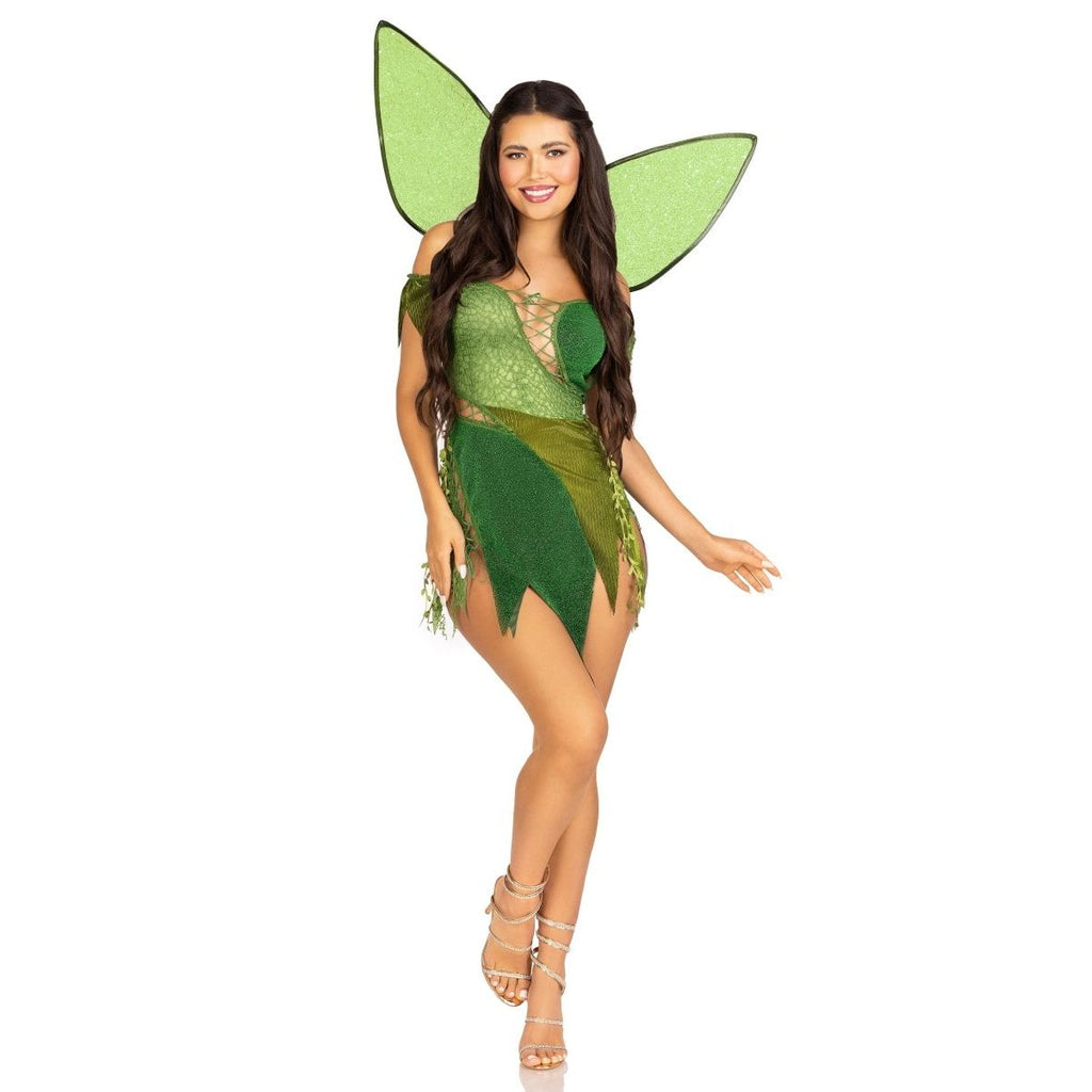 2-PC Forest Fairy Costume with patchwork lace-up dress, leaf accents, tattered skirt, detachable clear straps, wings.