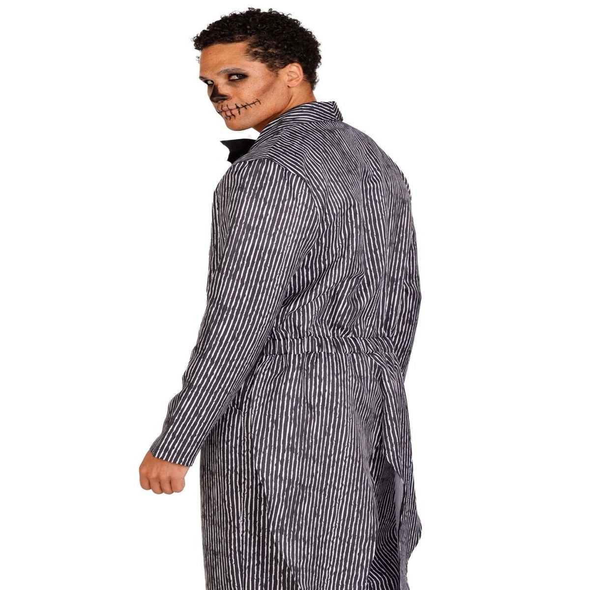 Man in 2 PC Pinstriped Tux Jumpsuit, one-piece button-front with bow tie.