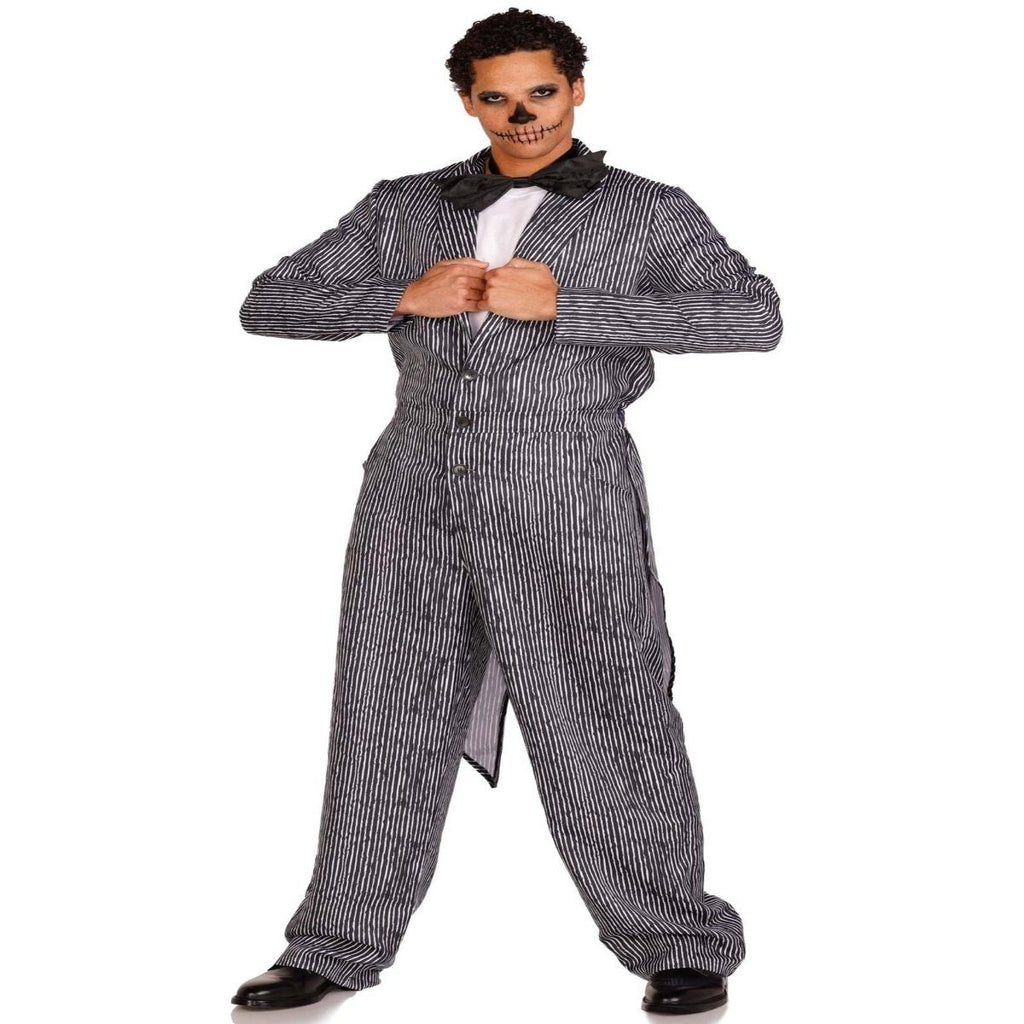 2 PC Pinstriped Tux Jumpsuit: one-piece button-front jumpsuit with bow tie; model wearing skeleton makeup.