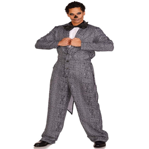2 PC Pinstriped Tux Jumpsuit: one-piece button-front jumpsuit with bow tie; model wearing skeleton makeup.