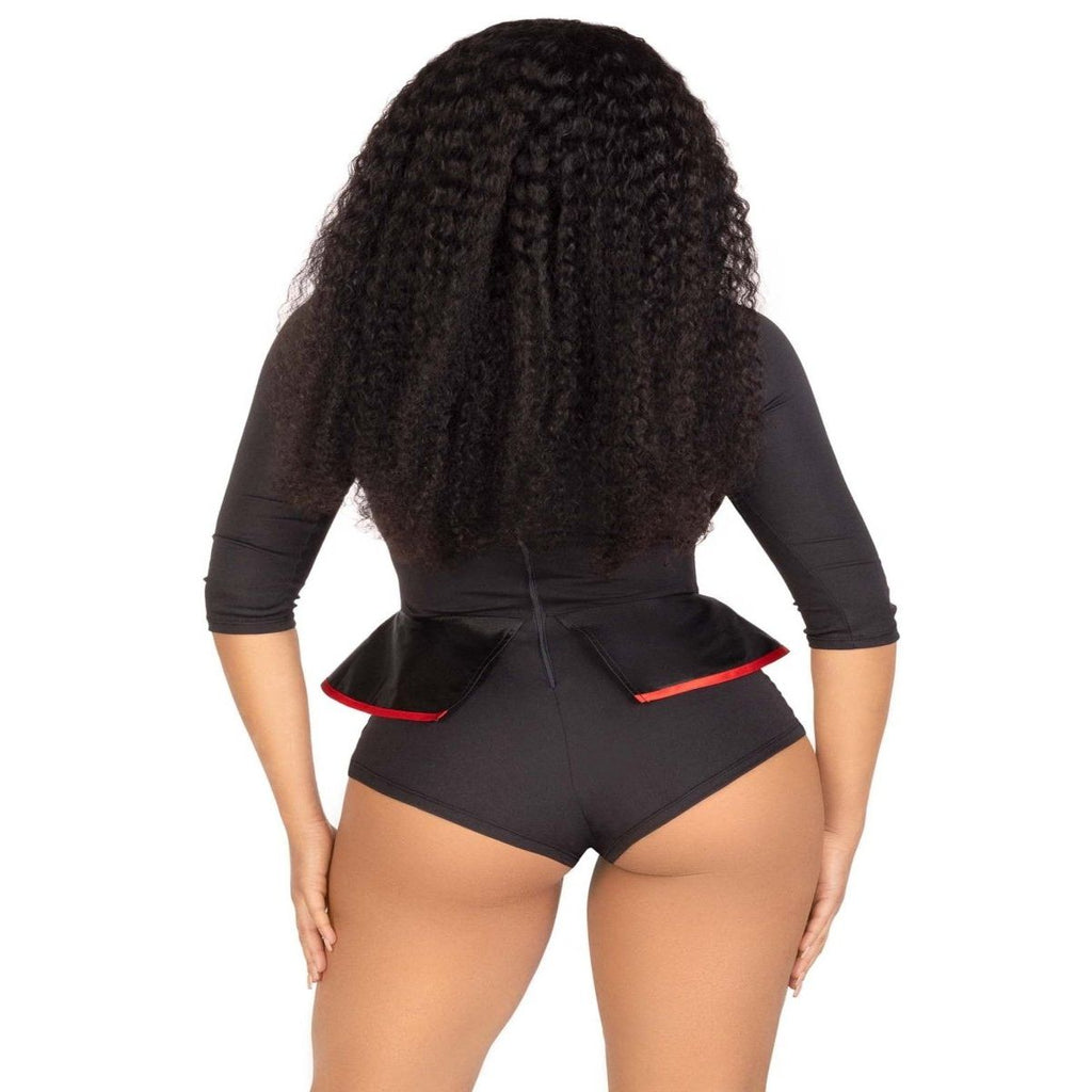 Back view of a model in 2 PC Pretty Puppet tuxedo bodysuit with bow tie and red-trim peplum.