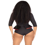 Back view of a model in 2 PC Pretty Puppet tuxedo bodysuit with bow tie and red-trim peplum.