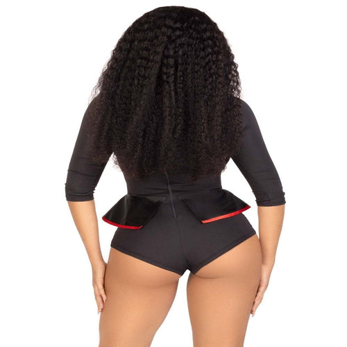 Back view of a model in 2 PC Pretty Puppet tuxedo bodysuit with bow tie and red-trim peplum.