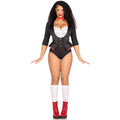 2 PC Pretty Puppet costume with tuxedo bodysuit and red bow tie; model wearing white stockings and red boots.