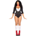 2 PC Pretty Puppet costume with tuxedo bodysuit and red bow tie; model wearing white stockings and red boots.