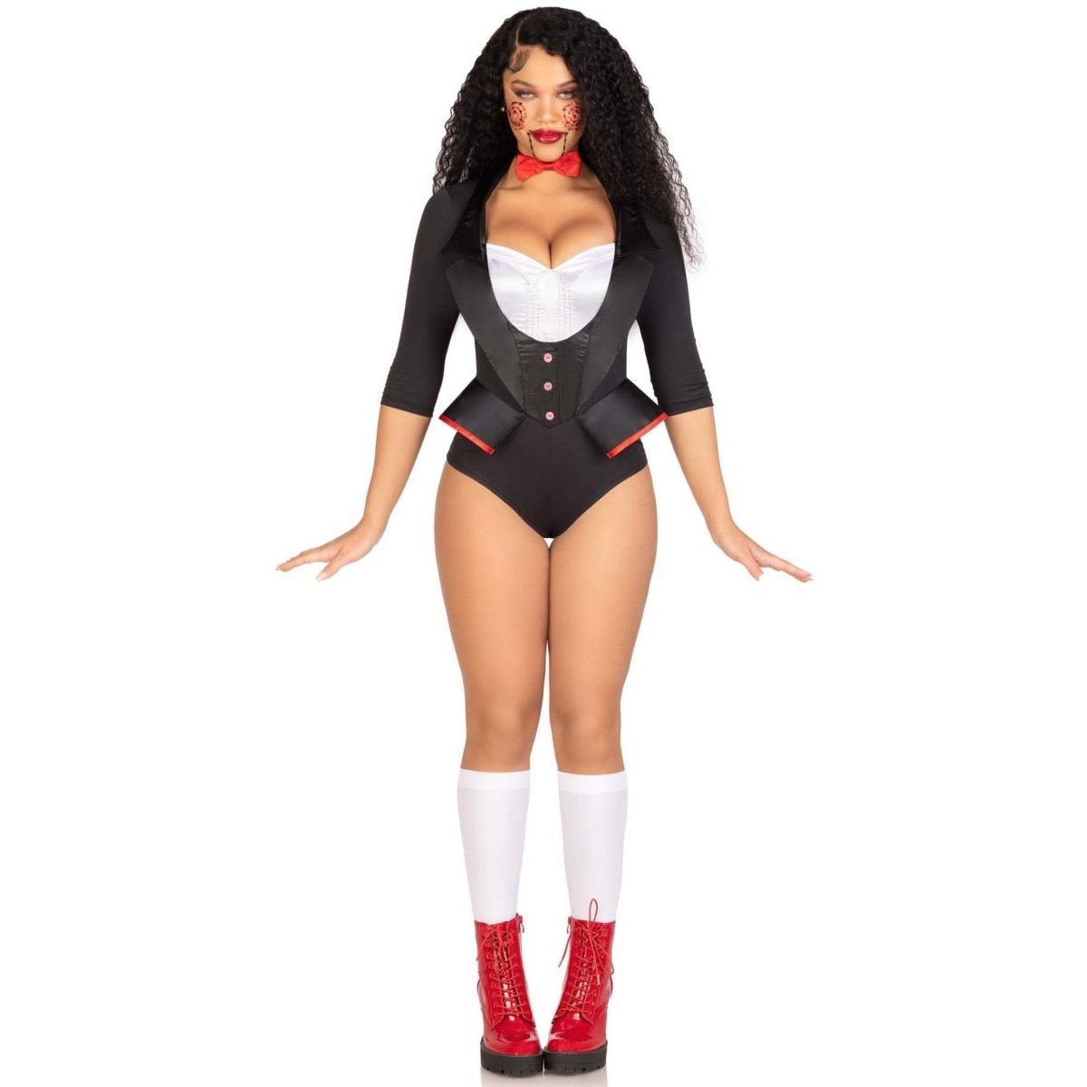 2 PC Pretty Puppet costume with tuxedo bodysuit and red bow tie; model wearing white stockings and red boots.