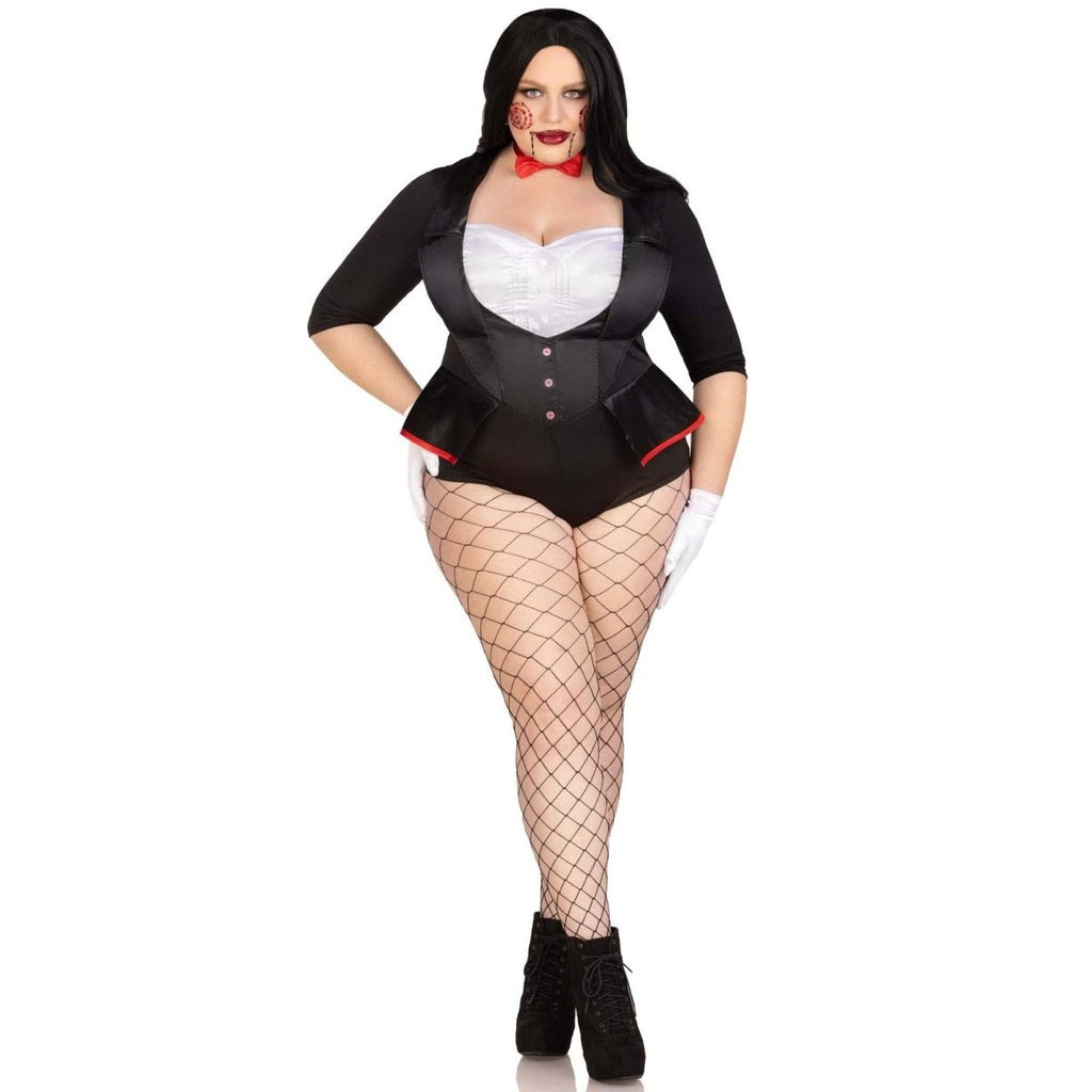 2 PC Pretty Puppet costume: tuxedo bodysuit and bow tie on plus-size model with fishnet stockings.