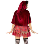Back view of model in 2 PC Salem Sweetie Costume: red hooded cape with plaid patchwork skirt.