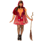 Model in 2 PC Salem Sweetie Costume with lace-up patchwork dress, tattered skirt, pointed hood, holding broom.