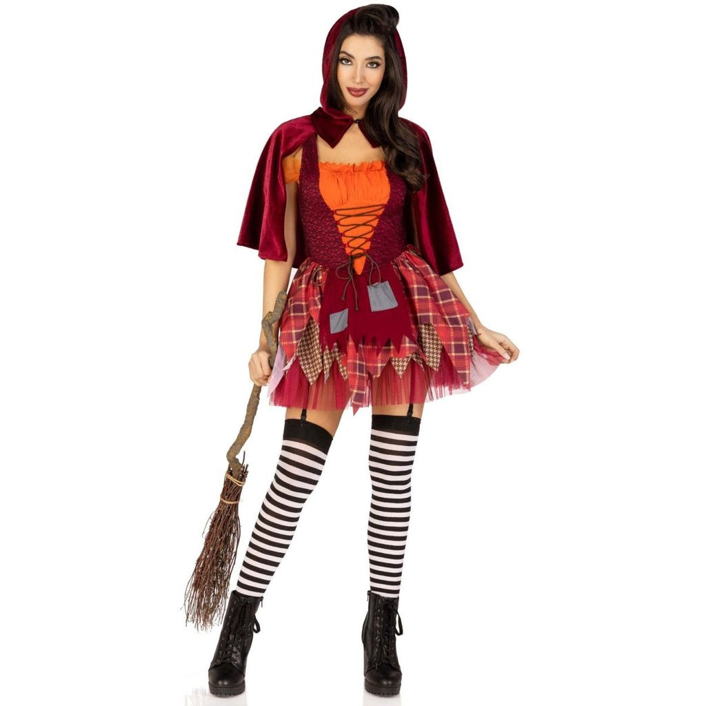 2 PC Salem Sweetie Costume: lace-up patchwork dress, tattered garter skirt, collared caplet with pointed hood.