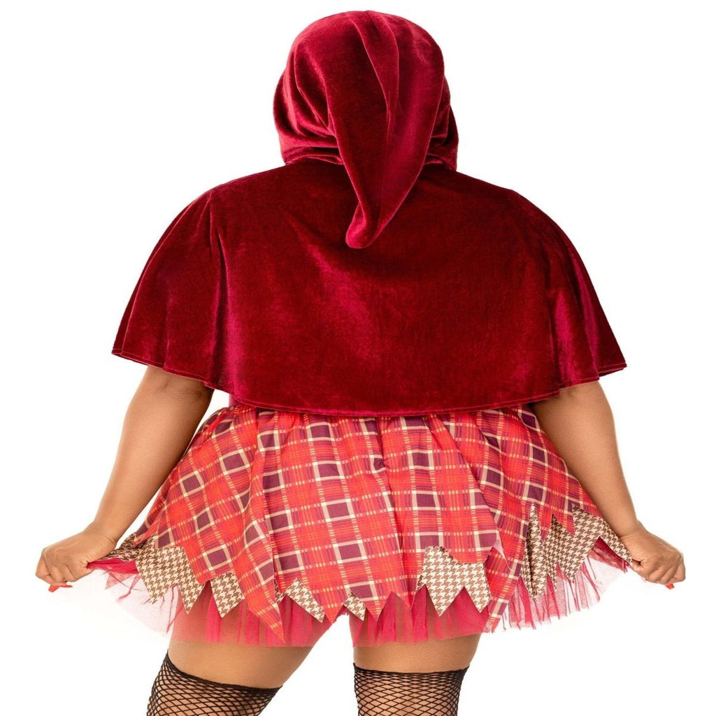Back view of 2 PC Salem Sweetie Costume, velvet hooded cape over patchwork plaid skirt with jagged hem.