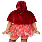 Back view of 2 PC Salem Sweetie Costume, velvet hooded cape over patchwork plaid skirt with jagged hem.