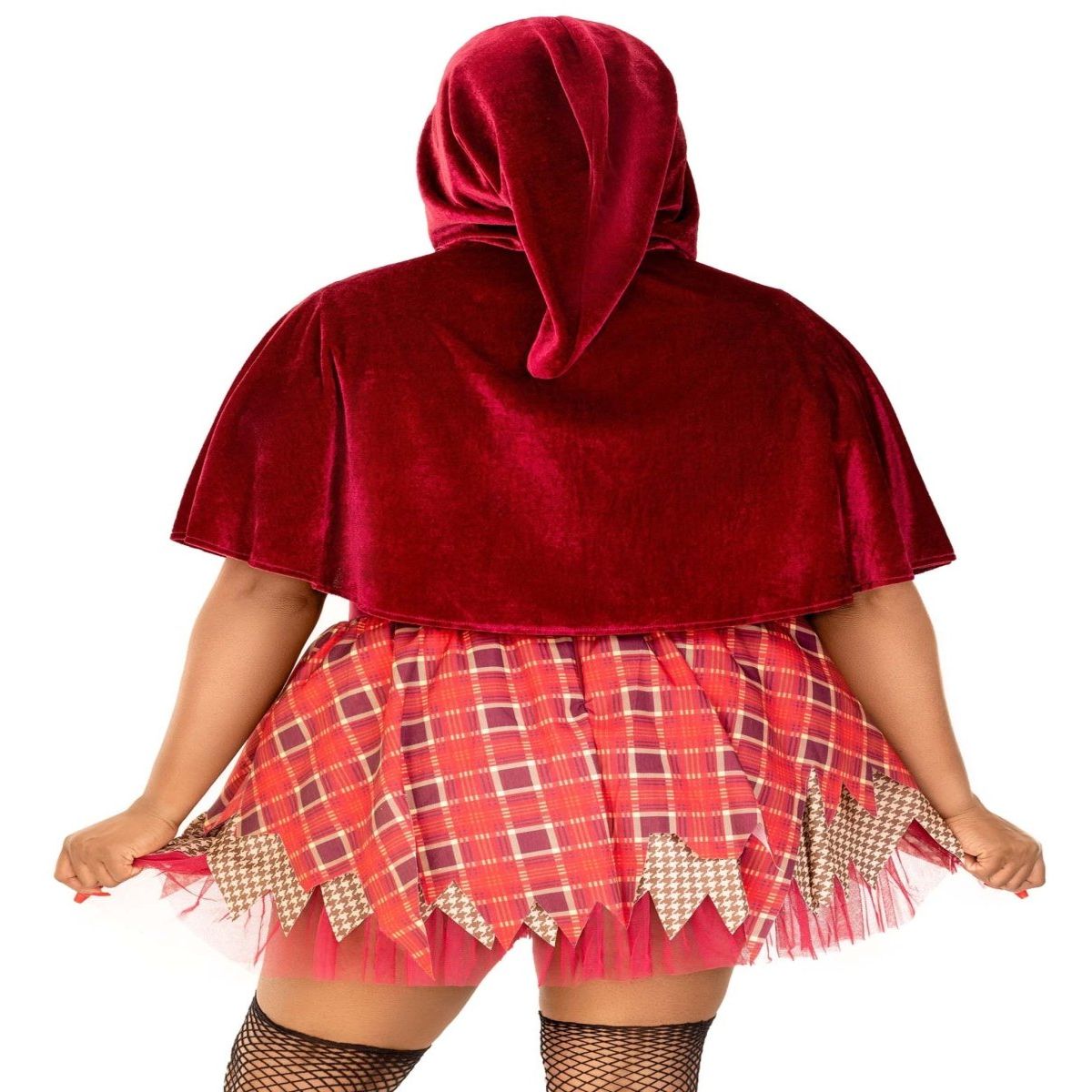 Back view of 2 PC Salem Sweetie Costume, velvet hooded cape over patchwork plaid skirt with jagged hem.