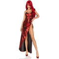2 pc shimmer bodysuit with high slit skirt and detachable clear straps in red metallic fabric.