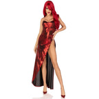 2 pc shimmer bodysuit with high slit skirt and detachable clear straps in red metallic fabric.