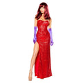 Red sequin corset with sweetheart neckline and high-slit skirt; purple gloves, 2-Piece Rabbits Lover costume.