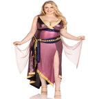 Plus-size model in 3 PC Amethyst Goddess Costume: one-shoulder dress, iridescent drape, gold leaf sash, headband.