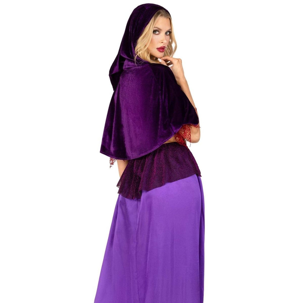 Three-piece Black Magic Babe costume: velvet crop top with net sleeves, dual-slit glitter garter skirt, hooded caplet.