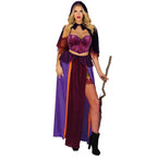 3 PC Black Magic Babe Costume: velvet purple crop top, net sleeves, glitter-garter dual-slit skirt, hooded caplet.