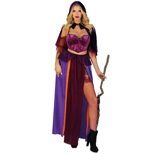 3 PC Black Magic Babe Costume: velvet purple crop top, net sleeves, glitter-garter dual-slit skirt, hooded caplet.