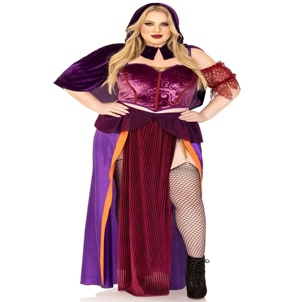 3 PC Black Magic Babe Costume: velvet crop top, dual slit skirt with glitter garter, collared hood caplet.