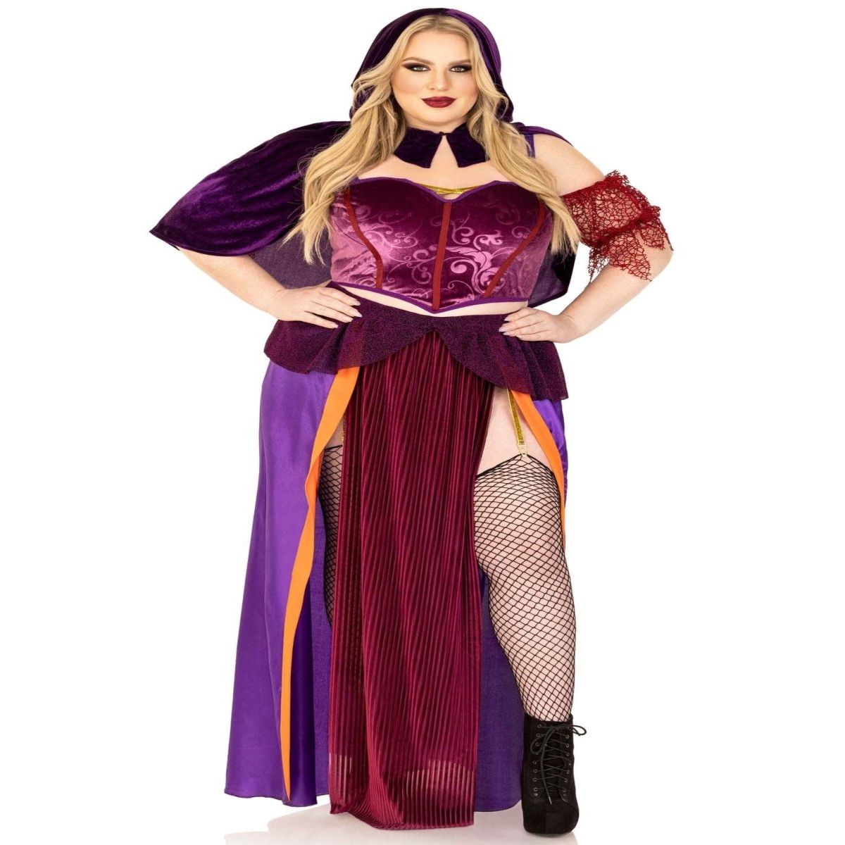 3 PC Black Magic Babe Costume: velvet crop top, dual slit skirt with glitter garter, collared hood caplet.