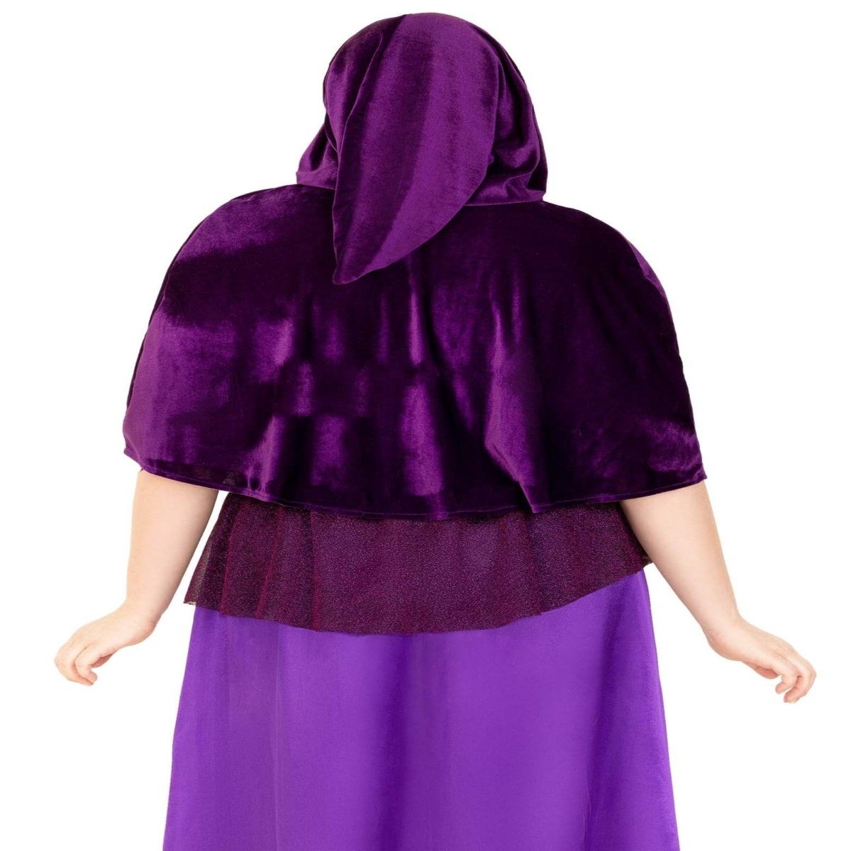 Back view of a model wearing a purple velvet hooded cape from the 3 PC Black Magic Babe Costume.