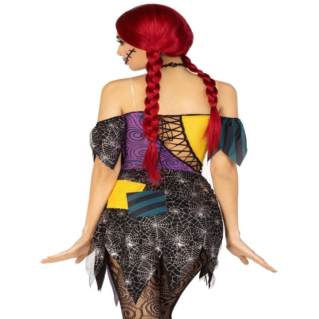 3 PC Darling Rag Doll Costume patchwork dress adjustable lace-ups tattered skirt, detachable clear straps, skull choker