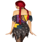 3 PC Darling Rag Doll Costume patchwork dress adjustable lace-ups tattered skirt, detachable clear straps, skull choker