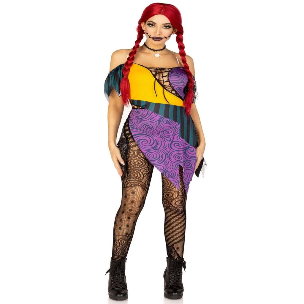 3 PC Darling Rag Doll Costume with patchwork dress, lace-up, tattered skirt, detachable clear straps, skull choker.