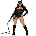 3 PC Fierce Feline Costume: black gloved snap-crotch bodysuit, belt with attached garter, and cat ear skull cap