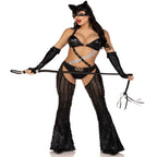3 PC Mistress Kitty Costume: strappy cutout bodysuit with bra, laser-cut chaps, fingerless gloves, cat-ear skull cap.