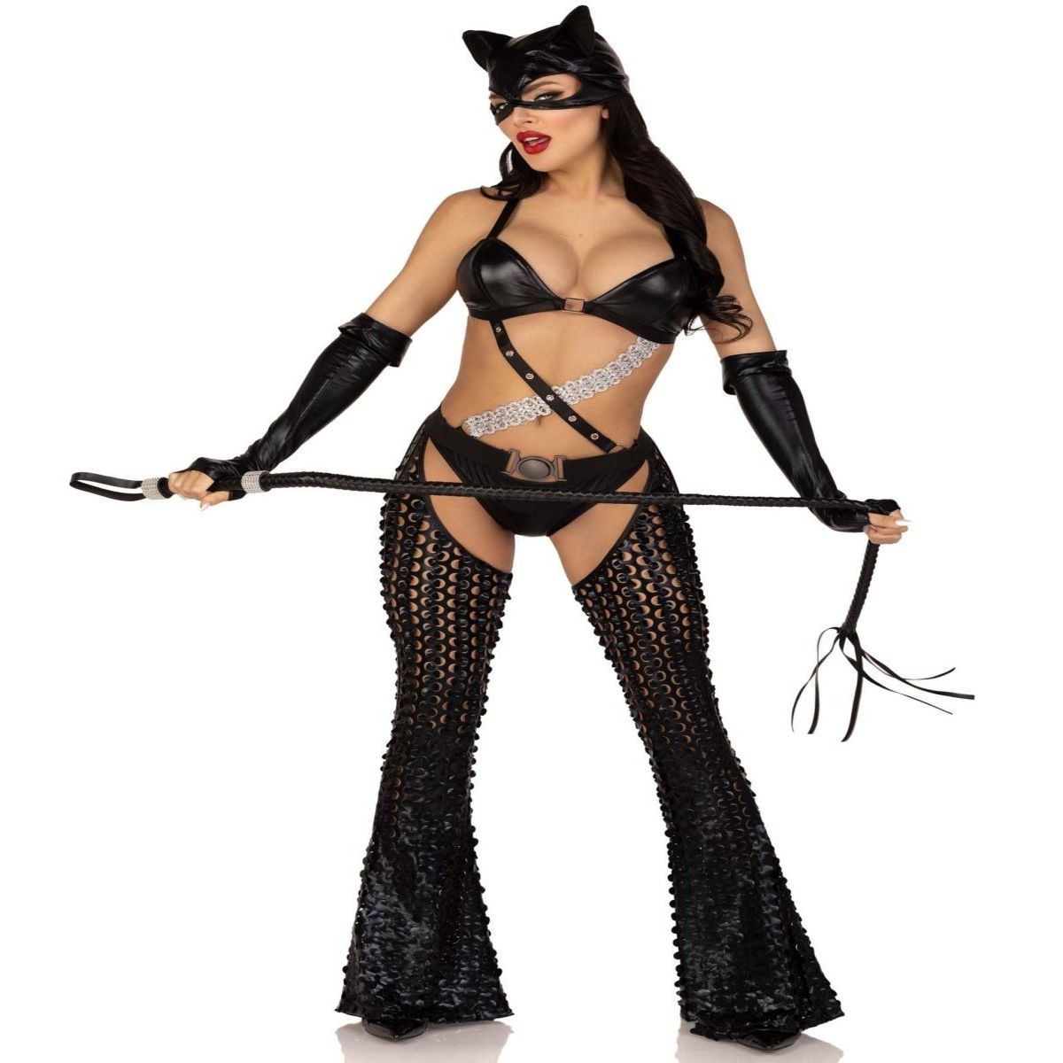 3 PC Mistress Kitty Costume: strappy cutout bodysuit with bra, laser-cut chaps, fingerless gloves, cat-ear skull cap.