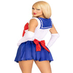 Woman in 3 PC Sexy Sailor Costume with snap crotch bodysuit, pleated blue skirt, back bow, and white gloves.