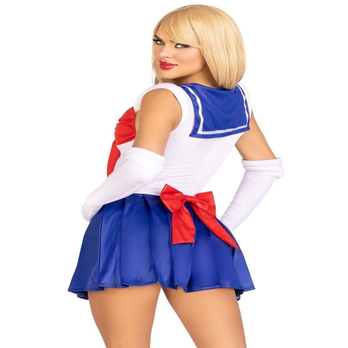 Woman in 3 PC Sexy Sailor Costume with snap crotch bodysuit, pleated blue skirt, back bow, and white gloves.