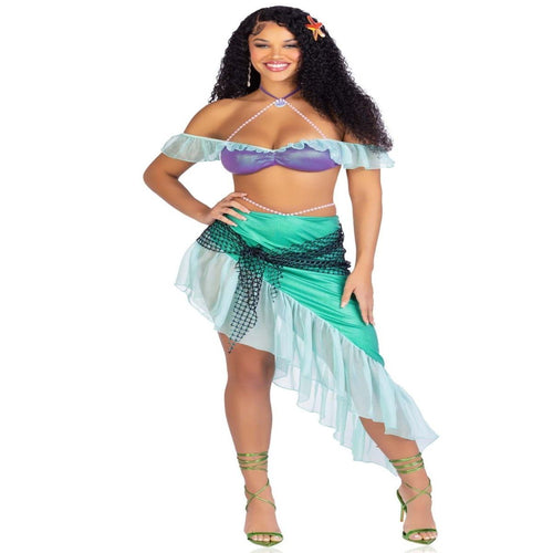 3 PC Spellbound Mermaid costume: pearl halter top, chiffon sleeves, iridescent skirt with tie, net wrap, sea star clip.