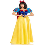 3 Piece Royal Miss Snow: velvet-satin ball gown with gold braided trim, stay-up collar, detachable cape, bow headband