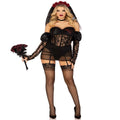 4 PC Heartbreak Bride Costume: lace boned bodysuit, sheer garter skirt, puff sleeves, lace veil, choker.