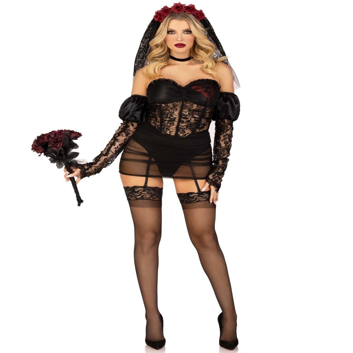 4 PC Heartbreak Bride Costume: lace boned bodysuit, sheer garter skirt, puff sleeves, lace veil, choker.