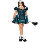 4 PC Victorian Maid Costume: teal striped dress with jewel accent, built-in petticoat, lace-trimmed apron, collar, and headpiece.