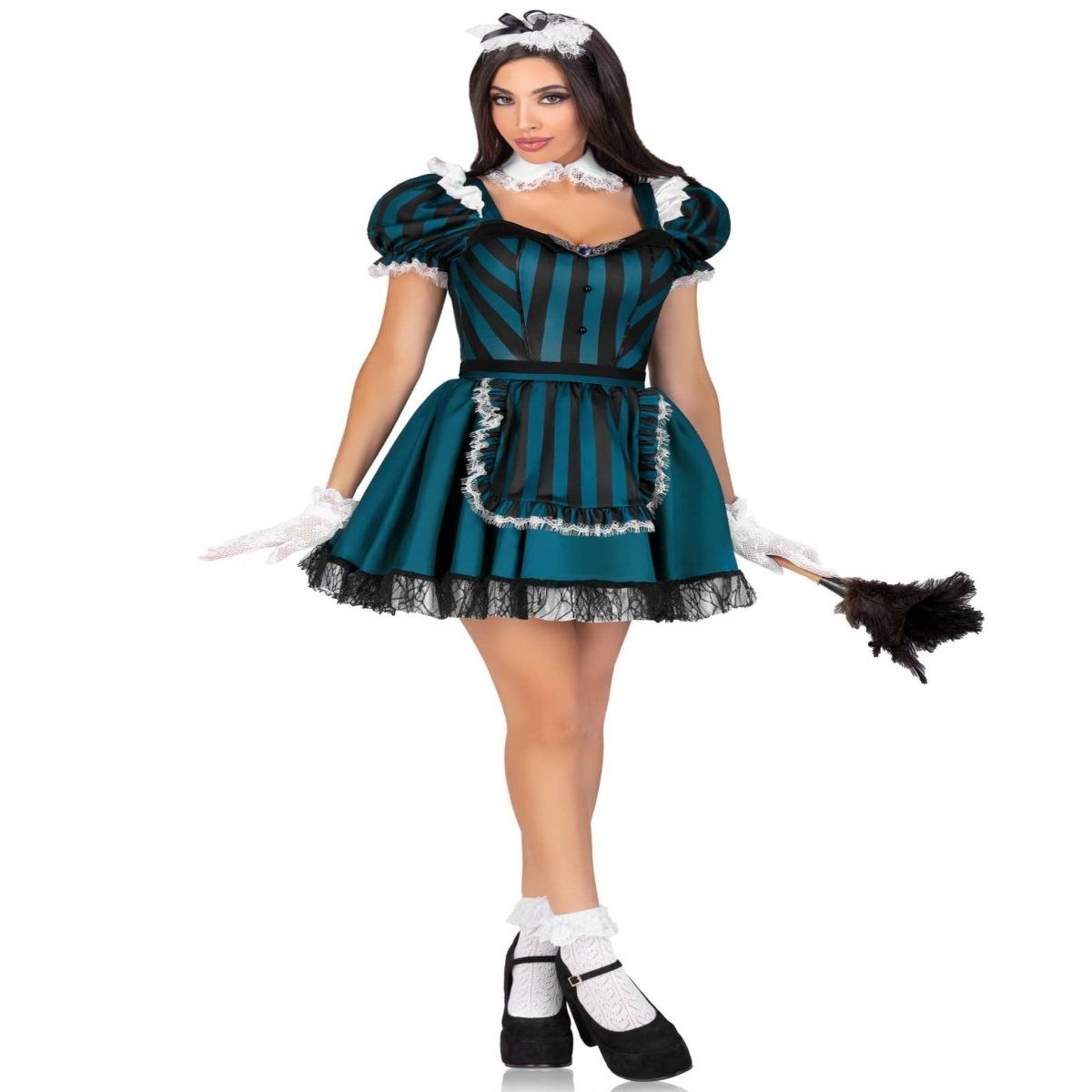 4 PC Victorian Maid Costume: teal striped dress with jewel accent, built-in petticoat, lace-trimmed apron, collar, and headpiece.