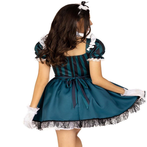 4 PC Victorian Maid Costume: teal striped dress with built-in petticoat, lace-trimmed apron, collar, and headpiece.