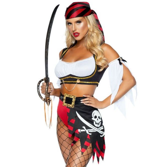 4 PC Wicked Pirate Wench Costume Pirate Wench Gypsy Tri-Lace Pleather Microsuede Bodice w/Boning Complete Outfit Renaissance Medieval - worldclasscostumes