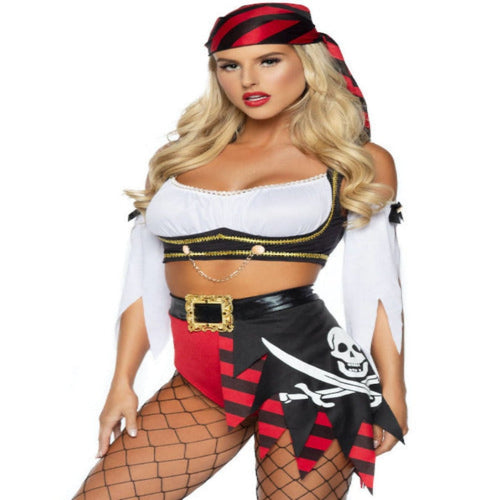 4 PC Wicked Pirate Wench Costume Pirate Wench Gypsy Tri-Lace Pleather Microsuede Bodice w/Boning Complete Outfit Renaissance Medieval - worldclasscostumes