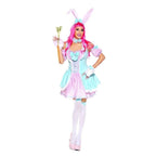 5 PC Bunny Beauty Costume: pastel striped dress with fur trim, bunny ears, puff sleeves, gloves, thigh-highs.