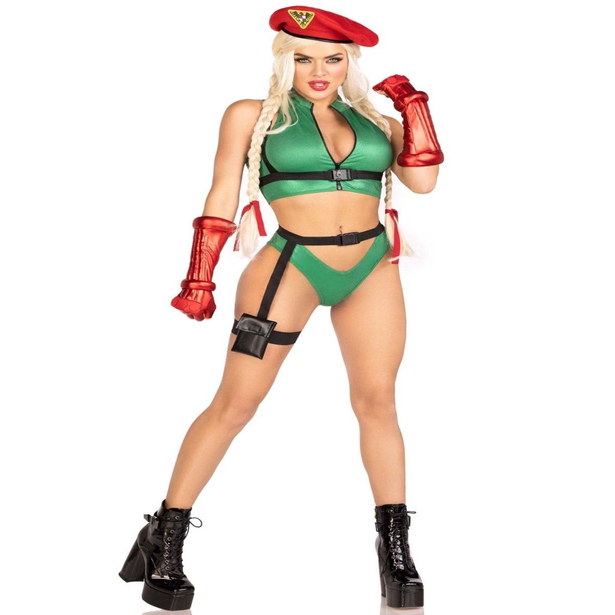 Green 5 PC Cammy Costume with zip crop top, cheeky bottoms, belted garter with pocket, chest harness, gloves, beret.