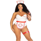 Woman wearing a 5 PC nurse kit: apron, headband, stethoscope, garter, and syringe pen.